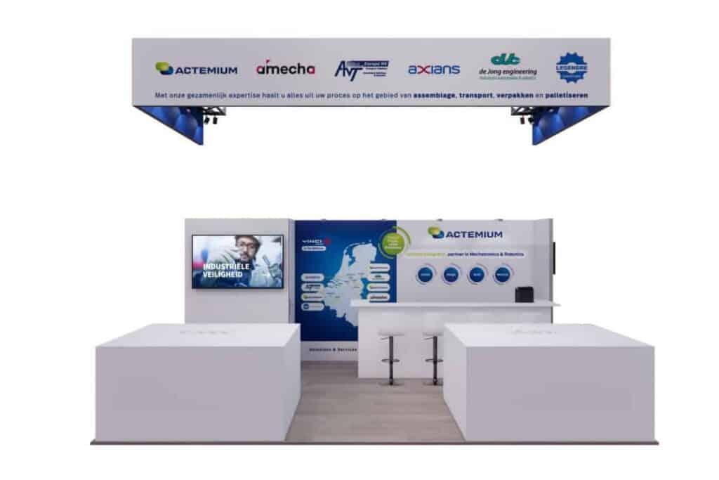 Exhibition stand Exhibition stand Design 142 has a white Actemium stand with two counters, stools, a map of the Netherlands, partner logos above and industrial safety visuals on the left screen - an example of modern stand construction.