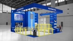 Beursstand Een moderne beursstand voor HAIRobotics is voorzien van blauwe en witte logo's, digitale schermen, een omheinde demonstratieruimte en informatieve displays in een ruime congreshal.