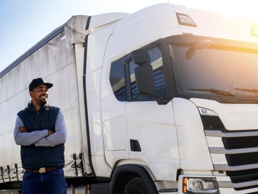 Beursstand Een man met een pet en een vest staat met zijn armen over elkaar, lachend, naast een grote witte vrachtwagen in fel zonlicht.