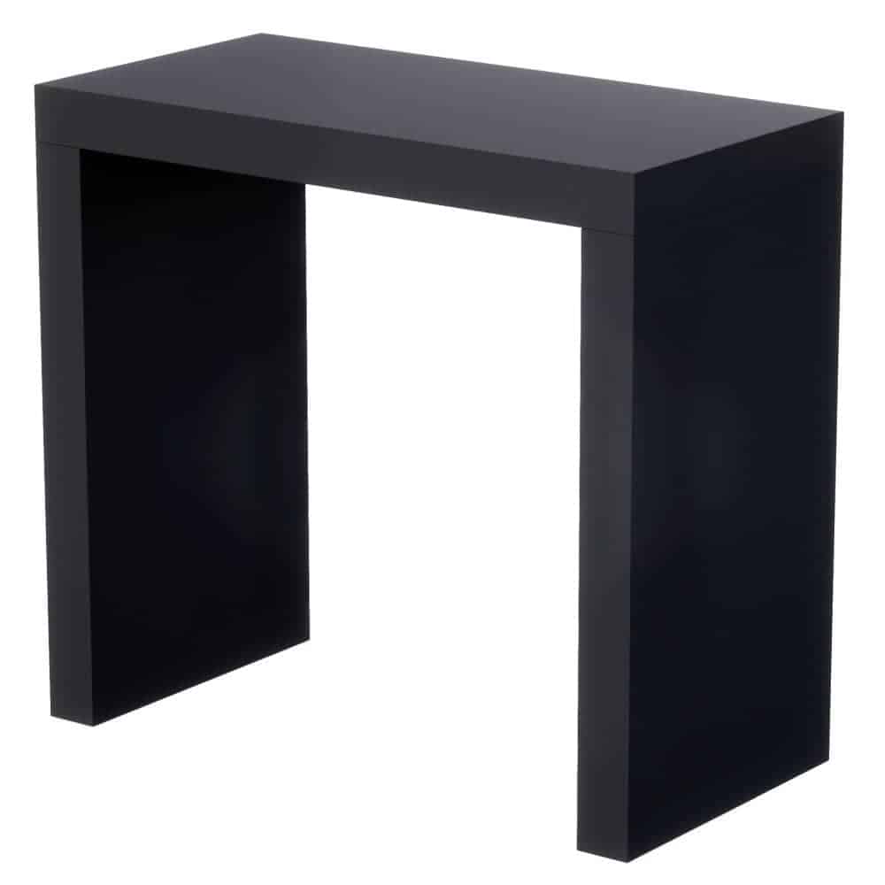 Beursstand Een minimalistische zwarte rechthoekige bijzettafel met een massief blad en twee brede poten, waardoor er een open ruimte onder ontstaat. Het ontwerp is strak en modern.