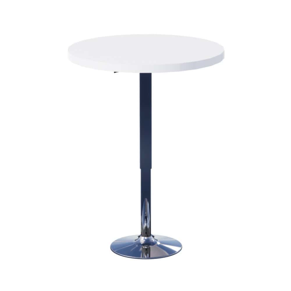 Beursstand Een ronde witte tafel met een enkele metalen voet en een glanzende chromen afwerking aan de onderkant.