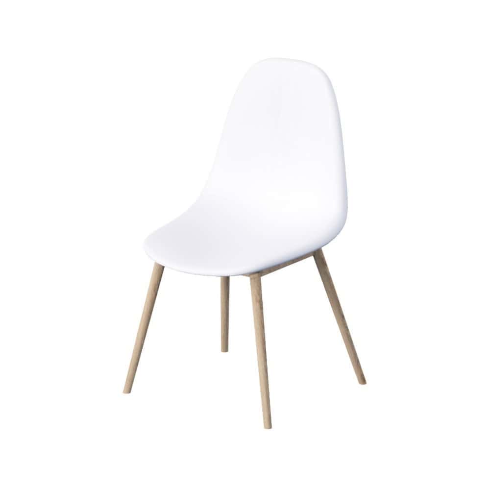 Beursstand Een moderne stoel met een gladde, witte, gebogen kunststof zitting en vier lichte houten poten tegen een effen witte achtergrond.