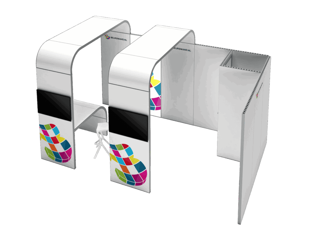 Beursstand A white modular exhibition booth with rounded arches, colorful geometric patterns, a TV screen, and a counter, set against a plain background.