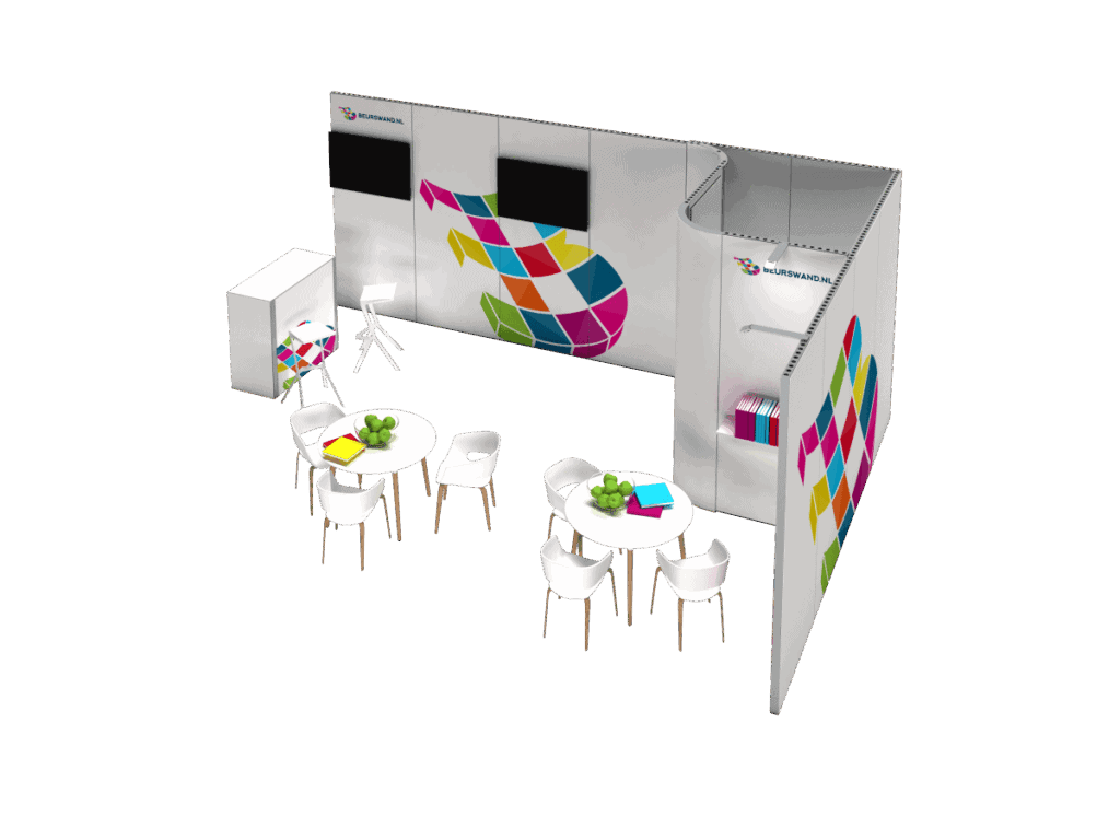 Beursstand A modern trade show booth with colorful geometric wall designs, three round tables with white chairs, green apples on plates, and a small counter with a tripod light. Shelves and screens are mounted on the walls.